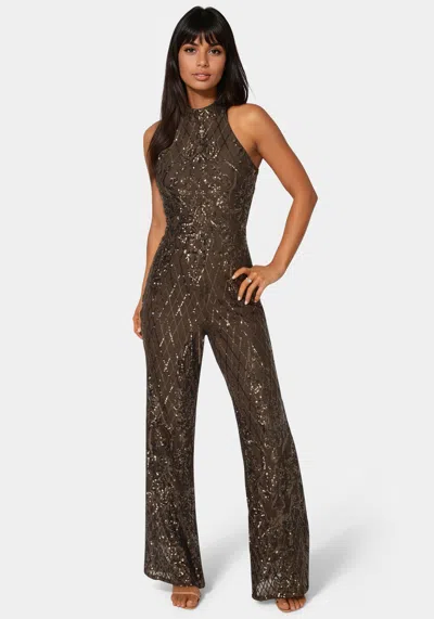 Bebe Sequins Halter Jumpsuit In Brown
