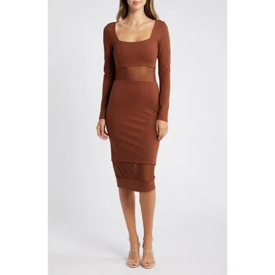 Bebe Sheer Mesh Inset Long Sleeve Body-con Dress In Chocolate