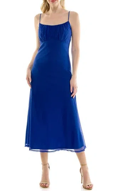 Bebe Shirred Bust Powermesh Midi Dress In Blue