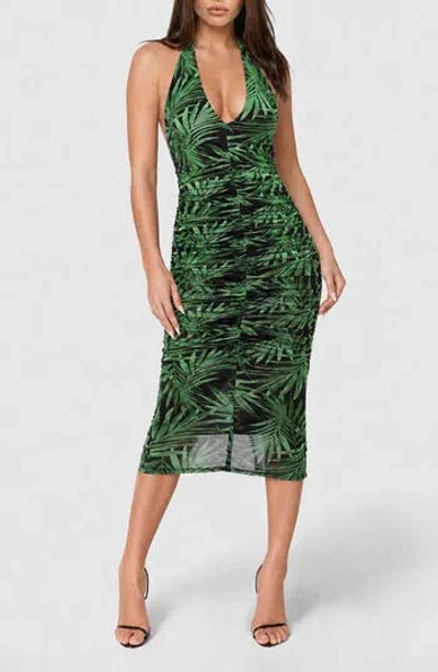 Bebe Shirred Polka Dot Mesh Halter Midi Dress In Multi