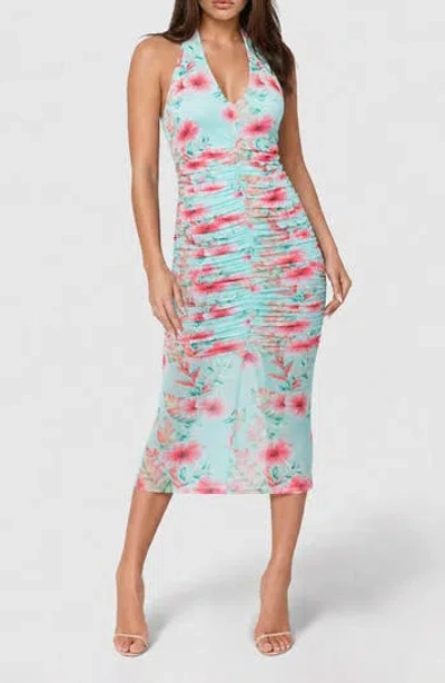 Bebe Shirred Polka Dot Mesh Halter Midi Dress In Multi