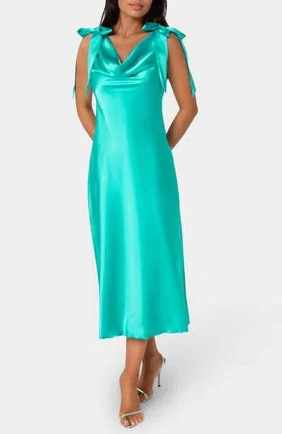 Bebe Shoulder Tie Satin Midi Dress In Green