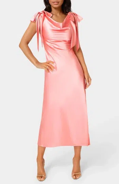 Bebe Shoulder Tie Satin Midi Dress In Pink