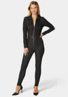 Bebe Skinny Studded Zip Up Front Denim Jumpsuit In Washed Out Black