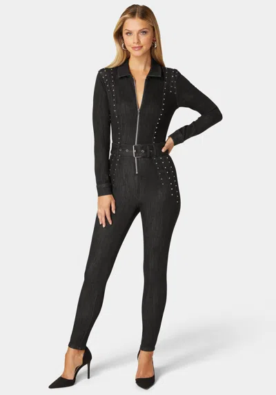 Bebe Skinny Studded Zip Up Front Denim Jumpsuit In Washed Out Black