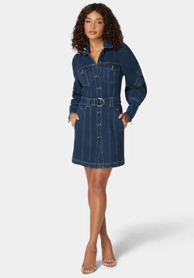 Bebe Sleeve Detail Front Button Denim Dress In Indigo Blue Wash