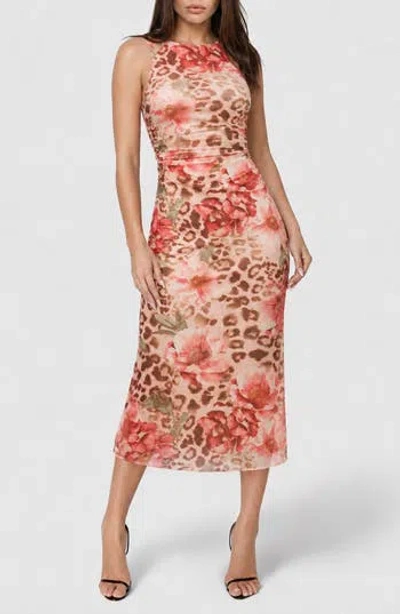 Bebe Printed Mesh Side Shirred Maxi Dress In Animal Print
