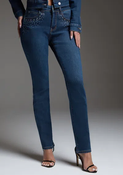 Bebe Slim Jean Embellished With Crystals By Swarovski In Indigo Wash