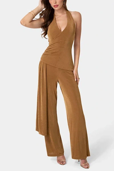 Bebe V Wire Core Jumpsuit In Camel