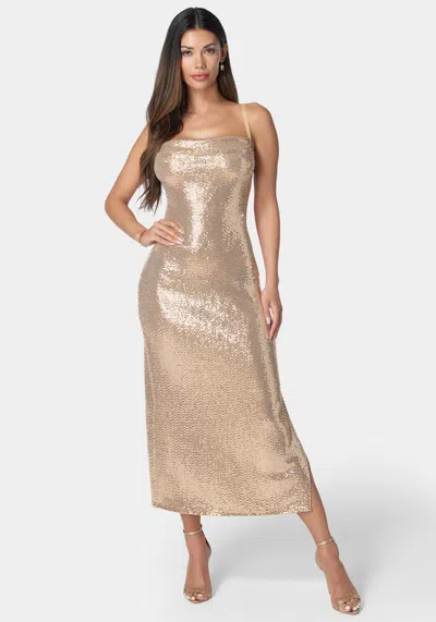 Bebe Spagh Gown Long Slim Maxi In Black,gold