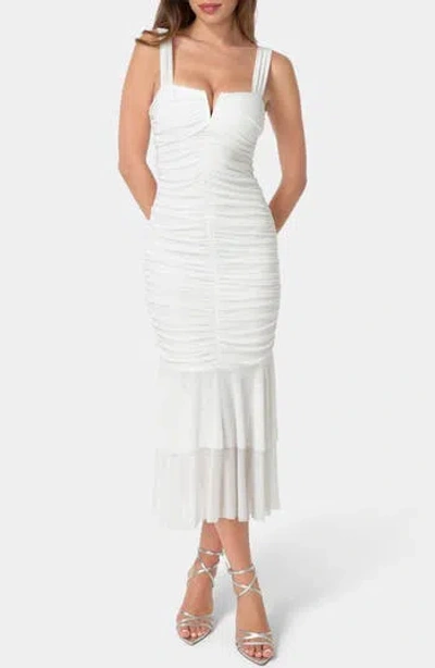 Bebe Split Neck Mesh Mermaid Dress In White
