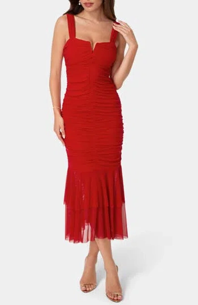 Bebe Split Neck Mesh Mermaid Dress In Red