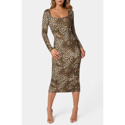 Bebe Square Neck Long Sleeve Animal Print Dress In Brown