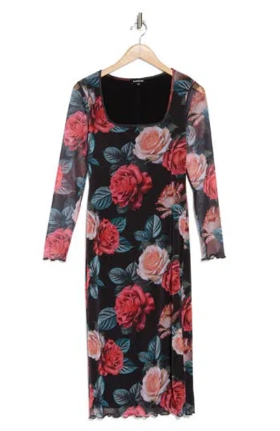 Bebe Square Neck Long Sleeve Mesh Dress In Black/teal