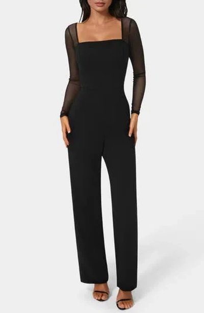 Bebe Square Neck Mesh Long Sleeve Jumpsuit In Black