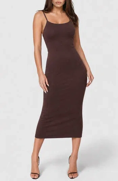 Bebe Square Neck Rib Knit Mid Dress In Brown