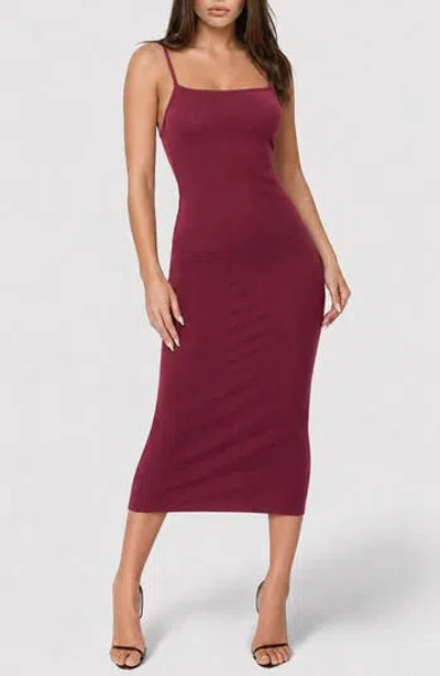 Bebe Square Neck Rib Knit Mid Dress In Burgundy