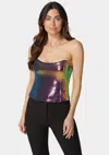 Bebe Srapless Scoop Neck Sequin Bustier Top In Iridescent Multi