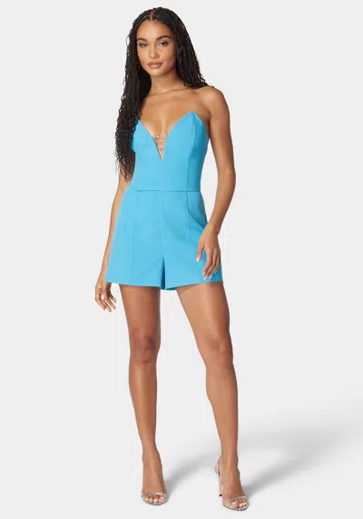 Bebe Strapless Deep V Neck Trim Romper In Aquarius