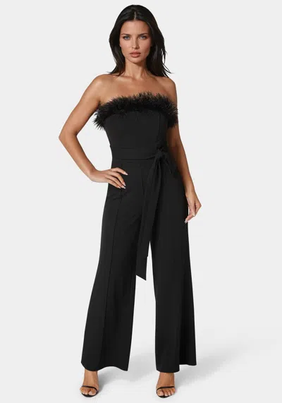Bebe Strapless Feather Jumpsuit In Black