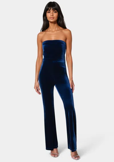 Bebe Strapless Velvet Jumpsuit In Sapphire