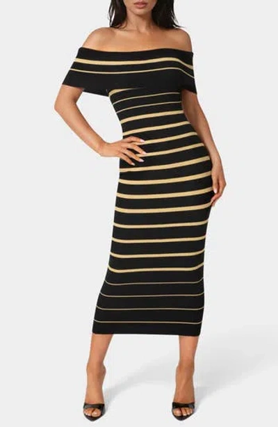 Bebe Stripe Off The Shoulder Ribbed Body-con Dress In Brown