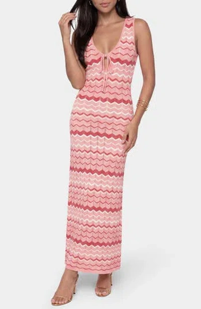 Bebe Striped Crochet V-neck Maxi Dress In Pink/ White