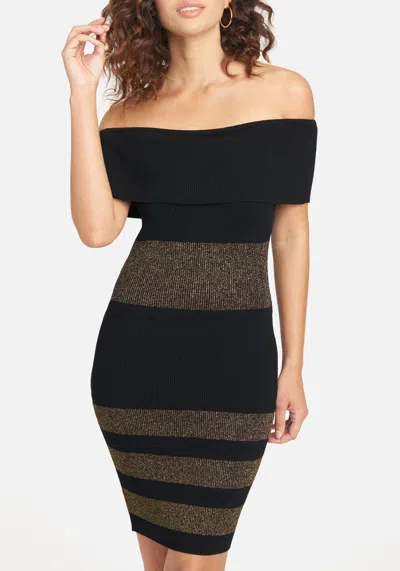 Bebe Striped Off Shoulder Dress In Black,gold