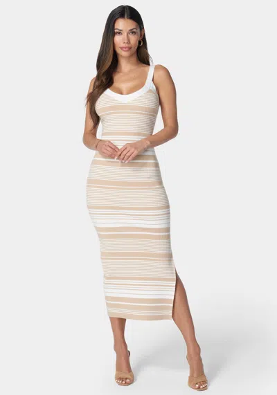 Bebe Striped Sweater Midi Dress In Camel,white