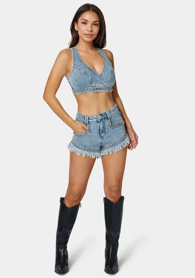 Bebe Studded Denim Top In Silver Lake Wash