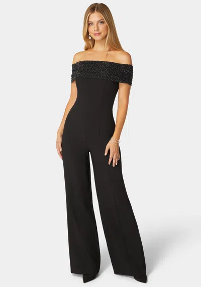 Bebe Studded Off Shoulder Palazzo Jumpsuit In Black