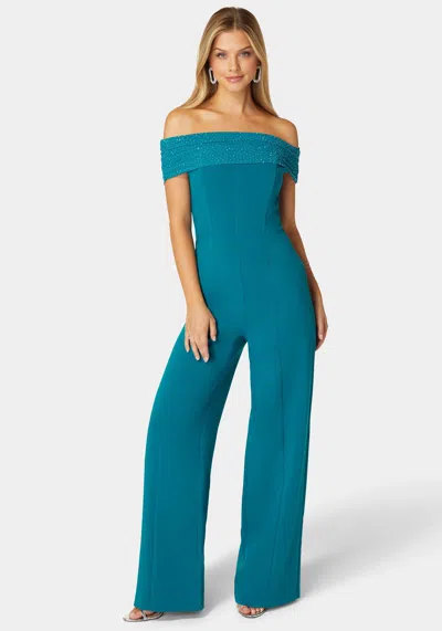Bebe Studded Off Shoulder Palazzo Jumpsuit In Deep Lagoon
