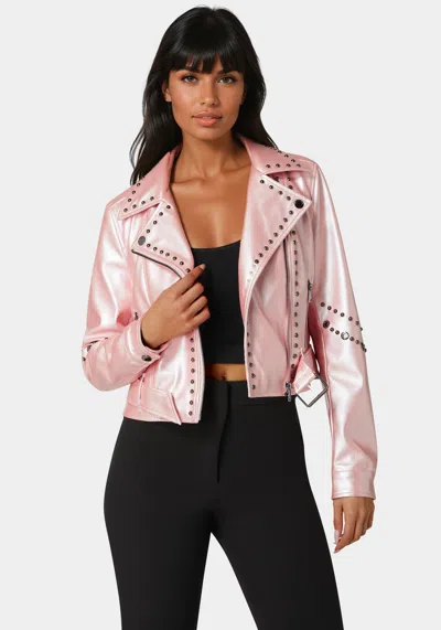 Bebe Studded Vegan Leather Moto Jacket In Mary's Rose