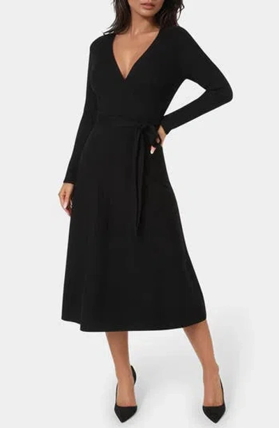 Bebe Surplice V-neck Fit & Flare Sweater Dress In Black