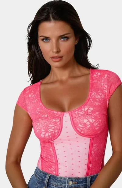 Bebe Swiss Dot Lace Bodysuit In Pink