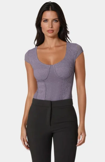 Bebe Swiss Dot Lace Bodysuit In Purple