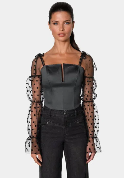 Bebe Swiss Dot Sleeve Satin Corset In Black