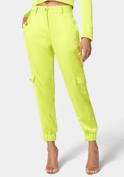 Bebe Tailored Cargo Satin Jogger Pant In Cyber Lime