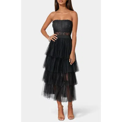 Bebe Tiered Corset Midi Cocktail Dress In Black