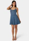 Bebe Trim Detail Fit & Flare Denim Dress In True Blue Wash