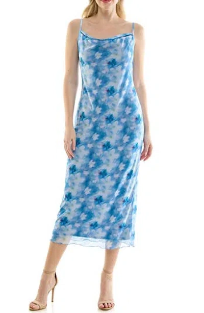 Bebe Tropical Mesh Cowl Maxi Dress In Blue