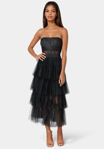Bebe Tulle Corset Midi Dress In Jet Black