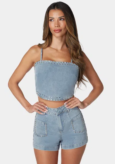 Bebe Twist Back Studded Denim Top In Light Blue Wash