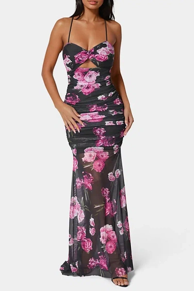Bebe Twist Front Mermaid Mesh Gown In Lavender Mystique