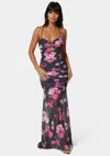 Bebe Twist Front Mermaid Mesh Gown In Lavender Mystique