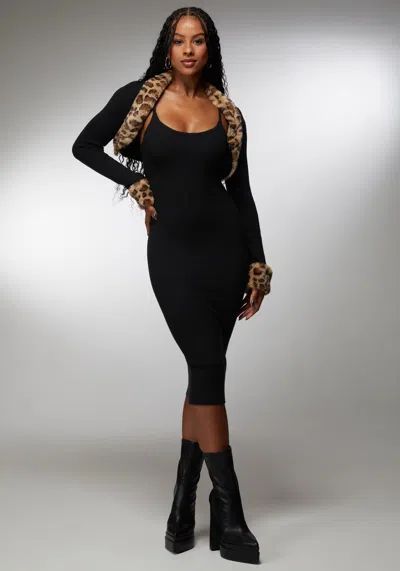 Bebe Two Piece Faux Fur Sweater Dress In Black,leopard