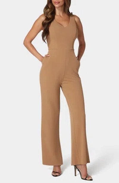 Bebe V-neck Scuba Jumpsuit In Brown