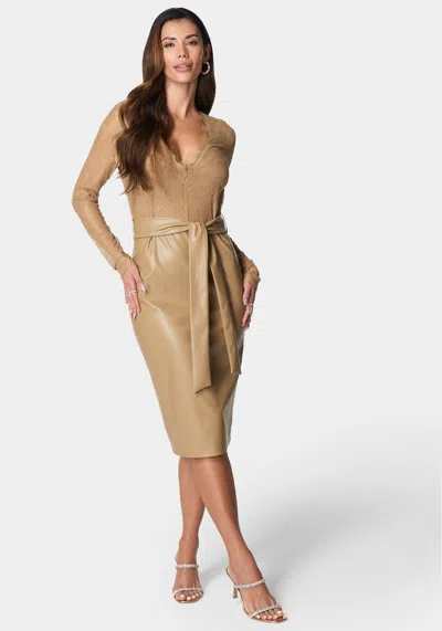 Bebe Vegan Leather Lace Midi Dress In Camel