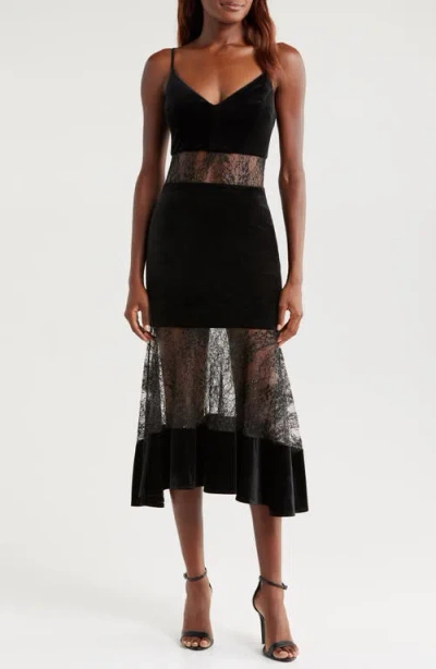 Bebe Velvet & Lace Cocktail Midi Dress In Black