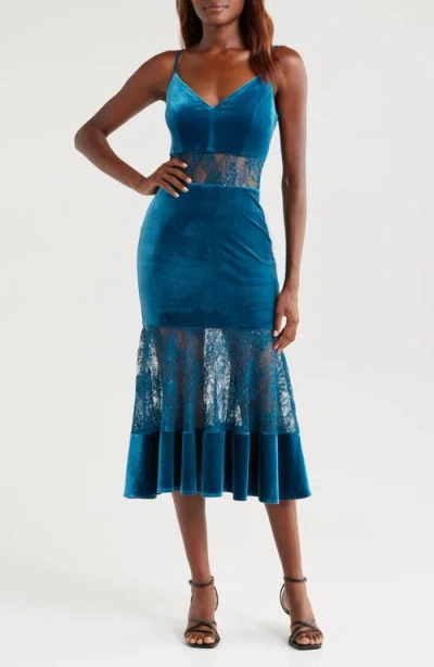 Bebe Velvet & Lace Cocktail Midi Dress In Teal